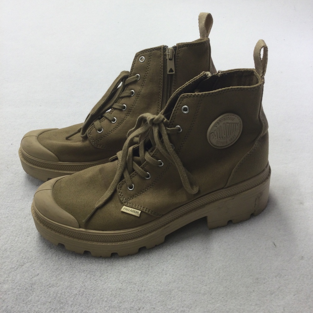 Palladium Boots Womens Size 8 Green Canvas Combat Ankle Lace Up Zip Lug Sole